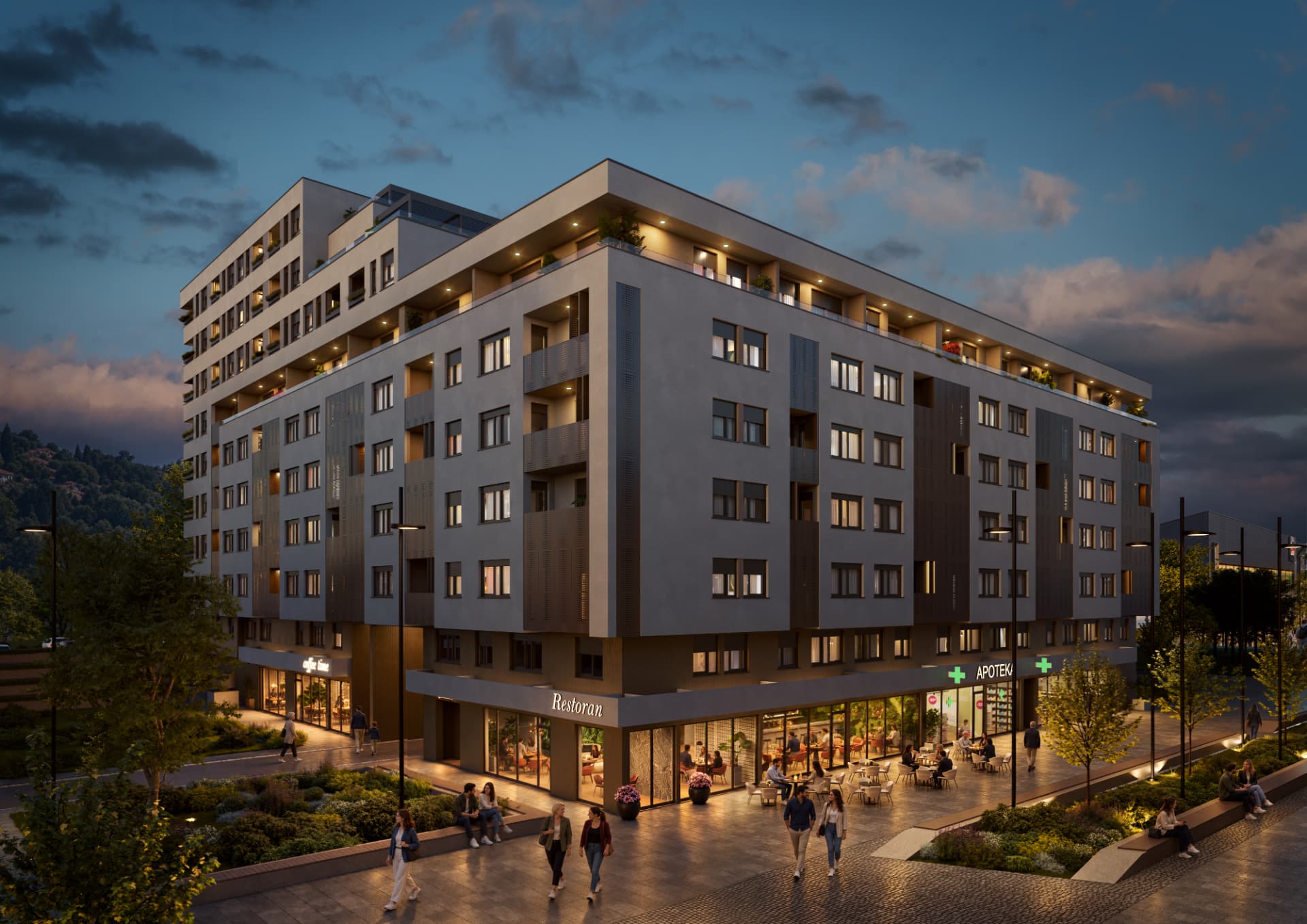 EAST POINT kompleks noću — restoran i apoteka uz šetalište