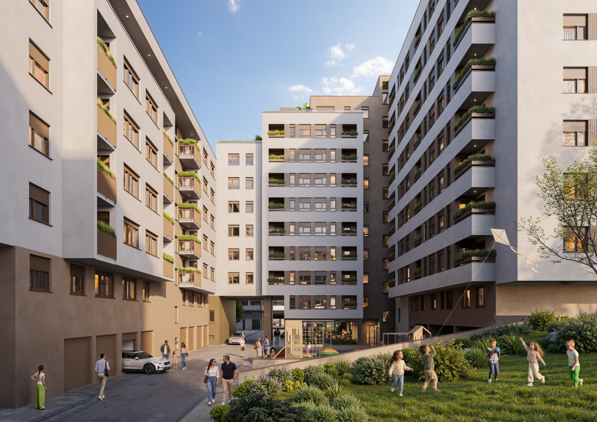 Unutrašnje dvorište i park EAST POINT kompleksa — djeca sa zmajem